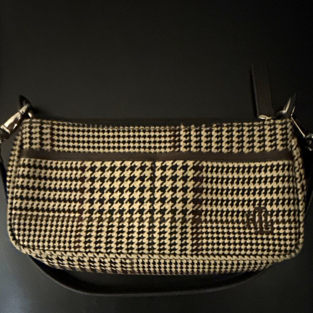 Vintage Lauren Ralph Lauren Houndstooth Baguette Handbag Brown Zip Silver HW